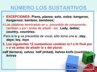 NÚMERO LOS SUSTANTIVOS EXCEPCIONES:  Piano,  pianos ; solo,  solos ; kangaroo,  kangaroos ; bamboo,  bamboos; 4. Las palabras terminadas en y,  precedida de consonante , cambian y por i antes de añadir –es:  Lady,  ladies ; country,  countries . Pero si la  y  va  precedida de vocal , sólo toma una  s :  ; day,  days ; toy,  toys 5. Los siguientes 12 sustantivos cambian la f o fe final por v o ve antes de añadir la s del plural:  calf (ternera),  calves  half (mitad),  halves  knife (cuchillo),  knives 