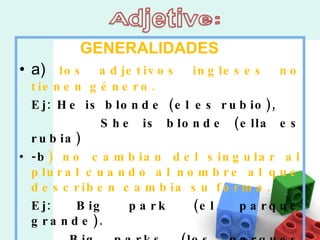 GENERALIDADES a)  los adjetivos ingleses no tienen género.  Ej: He is blonde (el es rubio),  She is blonde (ella es rubia)  -b ) no cambian del singular al plural cuando al nombre al que describen cambia su forma.   Ej: Big park (el parque grande).  Big parks (los parques grandes)  