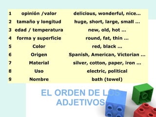 EL ORDEN DE LOS ADJETIVOS 1 opinión /valor delicious, wonderful, nice... 2 tamaño y longitud huge, short, large, small ... 3 edad / temperatura new, old, hot ... 4 forma y superficie round, fat, thin ... 5 Color red, black ... 6 Origen Spanish, American, Victorian ... 7 Material silver, cotton, paper, iron ... 8 Uso electric, political 9 Nombre bath (towel) 