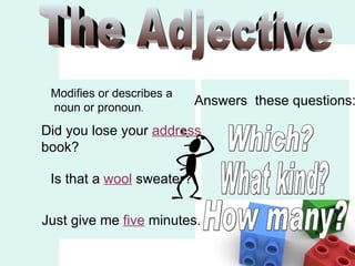 The Adjective Modifies or describes a noun or pronoun . Is that a  wool   sweater? Just give me  five   minutes. Did you lose your  address book? Answers  these questions: What kind? Which? How many? 