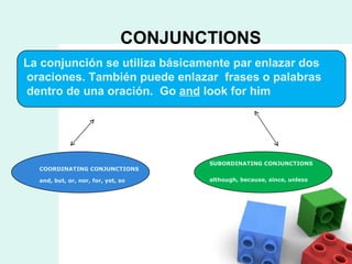 CONJUNCTIONS La conjunción se utiliza básicamente par enlazar dos oraciones. También puede enlazar  frases o palabras dentro de una oración.  Go  and  look for him  COORDINATING CONJUNCTIONS and, but, or, nor, for, yet, so SUBORDINATING CONJUNCTIONS although, because, since, unless 