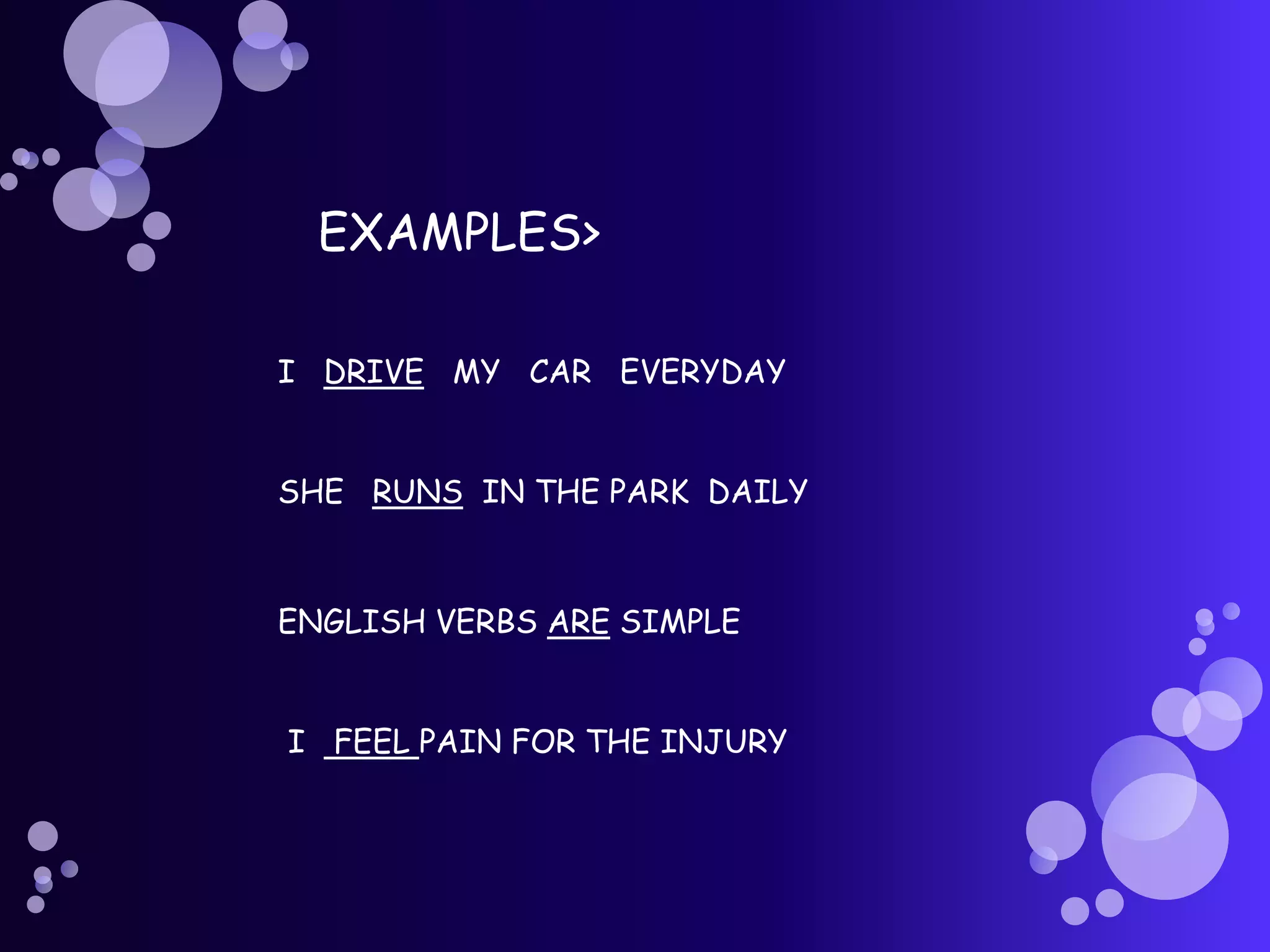 EXAMPLES>

I DRIVE MY CAR EVERYDAY


SHE RUNS IN THE PARK DAILY



ENGLISH VERBS ARE SIMPLE


I FEEL PAIN FOR THE INJURY
 