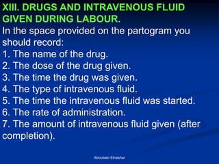 XIII. DRUGS AND INTRAVENOUS FLUID GIVEN DURING LABOUR. 
In the space provided on the partogram you should record: 
1. The name of the drug. 
2. The dose of the drug given. 
3. The time the drug was given. 
4. The type of intravenous fluid. 
5. The time the intravenous fluid was started. 
6. The rate of administration. 
7. The amount of intravenous fluid given (after completion). 
Aboubakr Elnashar  