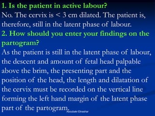 1. Is the patient in active labour? 
No. The cervix is < 3 cm dilated. The patient is, therefore, still in the latent phase of labour. 
2. How should you enter your findings on the partogram? 
As the patient is still in the latent phase of labour, the descent and amount of fetal head palpable above the brim, the presenting part and the position of the head, the length and dilatation of the cervix must be recorded on the vertical line forming the left hand margin of the latent phase part of the partogram. 
Aboubakr Elnashar  