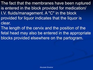 The fact that the membranes have been ruptured is entered in the block provided for medication/ I.V. fluids/management. A "C" in the block provided for liquor indicates that the liquor is clear. 
The length of the cervix and the position of the fetal head may also be entered in the appropriate blocks provided elsewhere on the partogram. 
Aboubakr Elnashar  