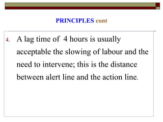PRINCIPLES cont
4. A lag time of 4 hours is usually
acceptable the slowing of labour and the
need to intervene; this is the distance
between alert line and the action line.
 