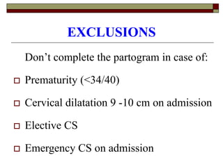 EXCLUSIONS
Don’t complete the partogram in case of:
 Prematurity (<34/40)
 Cervical dilatation 9 -10 cm on admission
 Elective CS
 Emergency CS on admission
 