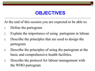 OBJECTIVES
At the end of this session you are expected to be able to:
1. Define the partogram
2. Explain the importance of using partogram in labour.
3. Describe the principles that are used to design the
partogram
4. Describe the principles of using the partogram at the
basic and comprehensive health facilities.
5. Describe the protocol for labour management with
the WHO partogram
 