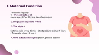 I. Maternal Condition
"monitored regularly"
1. Personal data of pt
(name, age, G:P:A, BG, time date of admission)
2. Drugs given to patient, IV fluid
3. Vital signs: -
Maternal pulse (every 30 min) - Blood pressure( every 2-4 hours)
- Temperature (every 4 hours)
4. Urine output and analysis (protein, glucose, acetone)
 