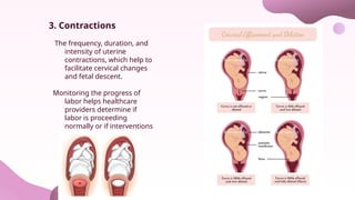 3. Contractions
The frequency, duration, and
intensity of uterine
contractions, which help to
facilitate cervical changes
and fetal descent.
Monitoring the progress of
labor helps healthcare
providers determine if
labor is proceeding
normally or if interventions
are needed.
 