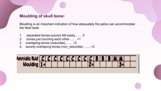 Moulding of skull bone:
Moulding is an important indication of how adequately the pelvis can accommodate
the fetal head.
1. separated bones,sutures felt easily........ 0
2. bones just touching each other........ +1
3. overlaping bones (reducible)........ +2
4. severly overlaping bones (non_reducible) ........+3
 