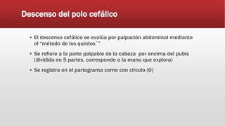 Descenso del polo cefálico
▪ El descenso cefálico se evalúa por palpación abdominal mediante
el “método de los quintos¨”
▪ Se refiere a la parte palpable de la cabeza por encima del pubis
(dividido en 5 partes, corresponde a la mano que explora)
▪ Se registra en el partograma como con circulo (0)
 