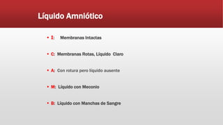 Líquido Amniótico
 I: Membranas Intactas
 C: Membranas Rotas, Líquido Claro
 A: Con rotura pero líquido ausente
 M: Líquido con Meconio
 B: Líquido con Manchas de Sangre
 