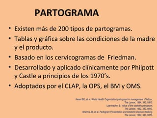 PARTOGRAMA
• Existen más de 200 tipos de partogramas.
• Tablas y gráfica sobre las condiciones de la madre
y el producto.
• Basado en los cervicogramas de Friedman.
• Desarrollado y aplicado clínicamente por Philpott
y Castle a principios de los 1970’s.
• Adoptados por el CLAP, la OPS, el BM y OMS.
Kwast BE, et al. World Health Organization partograph in management of labour.
The Lancet. 1994. 343, 8910.
Loevinsohn, B. Value of the obstetric partogram.
The Lancet. 1992. 340, 8813.
Sharma JB, et al. Partogram Presentation and Obstetric Decision-Making.
The Lancet. 1992. 340, 8813.
 