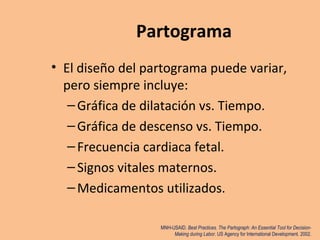 Partograma
• El diseño del partograma puede variar,
pero siempre incluye:
–Gráfica de dilatación vs. Tiempo.
–Gráfica de descenso vs. Tiempo.
–Frecuencia cardiaca fetal.
–Signos vitales maternos.
–Medicamentos utilizados.
MNH-USAID. Best Practices. The Partograph: An Essential Tool for Decision-
Making during Labor. US Agency for International Development. 2002.
 