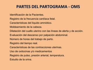 PARTES DEL PARTOGRAMA - OMSPARTES DEL PARTOGRAMA - OMS
Identificación de la Pacientes.
Registro de la frecuencia cardíaca fetal.
Características del líquido amniótico.
Moldeamiento de la cabeza.
Dilatación del cuello uterino con las líneas de alerta y de acción.
Evaluación del descenso por palpación abdominal.
Número de horas del trabajo de parto.
Registro del tiempo real.
Características de las contracciones uterinas.
Uso de oxitocinas y/o medicamentos
Registro de pulso, presión arterial, temperatura.
Estudio de la orina.
 