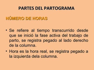 PARTES DEL PARTOGRAMAPARTES DEL PARTOGRAMA
NÚMERO DE HORASNÚMERO DE HORAS
• Se refiere al tiempo transcurrido desde
que se inició la fase activa del trabajo de
parto, se registra pegado al lado derecho
de la columna.
• Hora es la hora real, se registra pegado a
la izquierda dela columna.
 