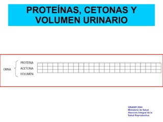 PROTEÍNAS, CETONAS Y
VOLUMEN URINARIO
GNAISR 2004
Ministerio de Salud
Atención Integral de la
Salud Reproductiva
 