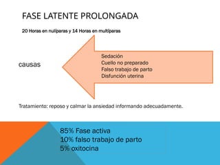 FASE LATENTE PROLONGADA
20 Horas en nulíparas y 14 Horas en multíparas
causas
Sedación
Cuello no preparado
Falso trabajo de parto
Disfunción uterina
Tratamiento: reposo y calmar la ansiedad informando adecuadamente.
85% Fase activa
10% falso trabajo de parto
5% oxitocina
 