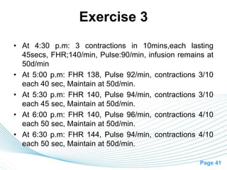 Page 41
Exercise 3
• At 4:30 p.m: 3 contractions in 10mins,each lasting
45secs, FHR;140/min, Pulse:90/min, infusion remains at
50d/min
• At 5:00 p.m: FHR 138, Pulse 92/min, contractions 3/10
each 40 sec, Maintain at 50d/min.
• At 5:30 p.m: FHR 140, Pulse 94/min, contractions 3/10
each 45 sec, Maintain at 50d/min.
• At 6:00 p.m: FHR 140, Pulse 96/min, contractions 4/10
each 50 sec, Maintain at 50d/min.
• At 6:30 p.m: FHR 144, Pulse 94/min, contractions 4/10
each 50 sec, Maintain at 50d/min.
 