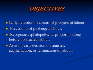 OBJECTIVES
 Early detection of abnormal progress of labour.
 Prevention of prolonged labour.
 Recognize cephalopelvic disproportion long
before obstructed labour.
 Assist in early decision on transfer,
augmentation, or termination of labour.
 