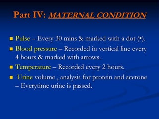 Part IV: MATERNAL CONDITION
 Pulse – Every 30 mins & marked with a dot (•).
 Blood pressure – Recorded in vertical line every
4 hours & marked with arrows.
 Temperature – Recorded every 2 hours.
 Urine volume , analysis for protein and acetone
– Everytime urine is passed.
 
