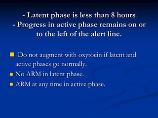 - Latent phase is less than 8 hours
- Progress in active phase remains on or
to the left of the alert line.
 Do not augment with oxytocin if latent and
active phases go normally.
 No ARM in latent phase.
 ARM at any time in active phase.
 