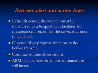 Between alert and action lines
 In health center, the women must be
transferred to a hospital with facilities for
caesarean section, unless the cervix is almost
fully dilated.
 Observe labor progress for short period
before transfer.
 Continue routine observations.
 ARM may be performed if membranes are
still intact.
 