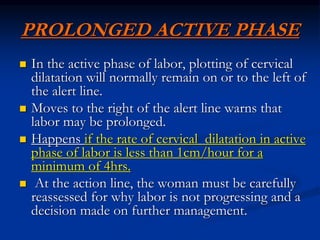 PROLONGED ACTIVE PHASE
 In the active phase of labor, plotting of cervical
dilatation will normally remain on or to the left of
the alert line.
 Moves to the right of the alert line warns that
labor may be prolonged.
 Happens if the rate of cervical dilatation in active
phase of labor is less than 1cm/hour for a
minimum of 4hrs.
 At the action line, the woman must be carefully
reassessed for why labor is not progressing and a
decision made on further management.
 