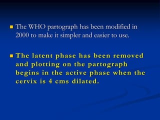  The WHO partograph has been modified in
2000 to make it simpler and easier to use.
 The latent phase has been removed
and plotting on the partograph
begins in the active phase when the
cervix is 4 cms dilated.
 