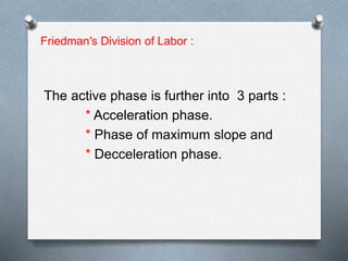Friedman′s Division of Labor :
The active phase is further into 3 parts :
* Acceleration phase.
* Phase of maximum slope and
* Decceleration phase.
 