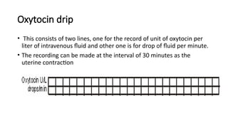 Oxytocin drip
• This consists of two lines, one for the record of unit of oxytocin per
liter of intravenous fluid and other one is for drop of fluid per minute.
• The recording can be made at the interval of 30 minutes as the
uterine contraction
 
