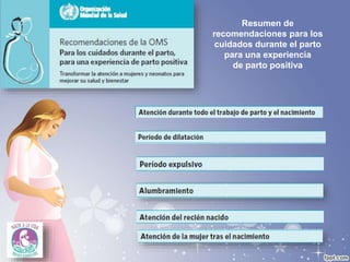Resumen de
recomendaciones para los
cuidados durante el parto
para una experiencia
de parto positiva
 