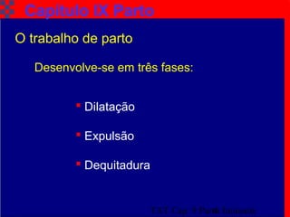 TAT Cap. 9 Parto Iminente4
Capítulo IX Parto
O trabalho de parto
Desenvolve-se em três fases:
 Dilatação
 Expulsão
 Dequitadura
 