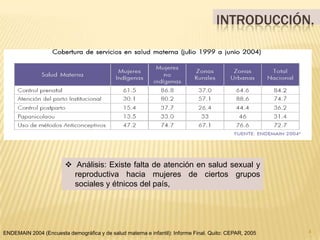 30% de las mujeres de toda la región Amazónica, dieron a luz en su casa.3ENDEMAIN 2004 (Encuesta demográfica y de salud materna e infantil): Informe Final. Quito: CEPAR, 2005