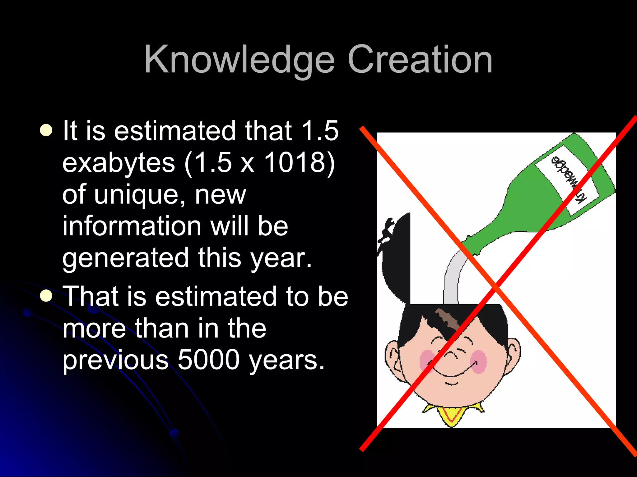 Knowledge Creation It is estimated that 1.5 exabytes (1.5 x 1018) of unique, new information will be generated this year. That is estimated to be more than in the previous 5000 years. 