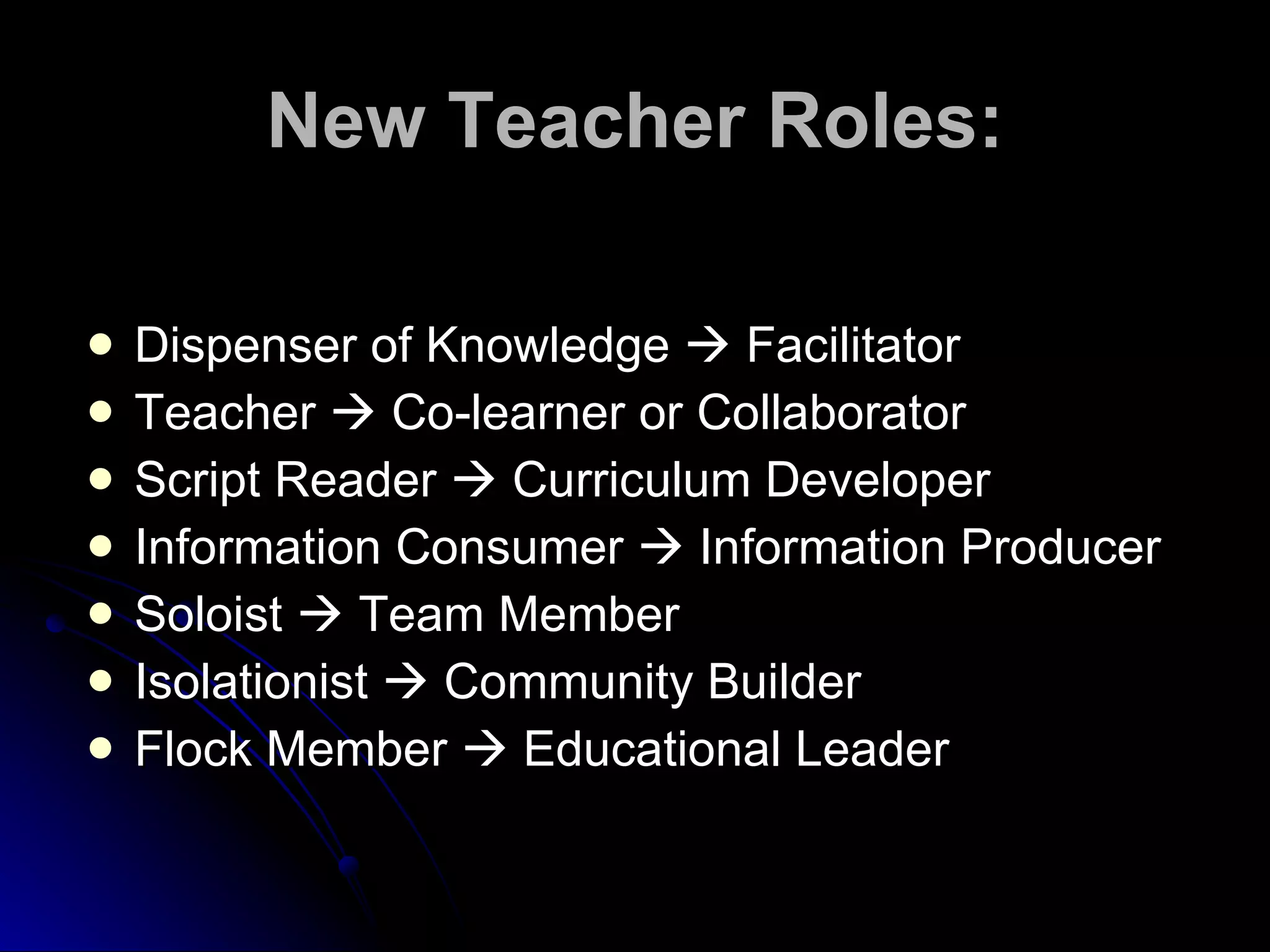 New Teacher Roles: Dispenser of Knowledge    Facilitator Teacher    Co-learner or Collaborator Script Reader    Curriculum Developer Information Consumer    Information Producer Soloist    Team Member Isolationist    Community Builder Flock Member    Educational Leader  