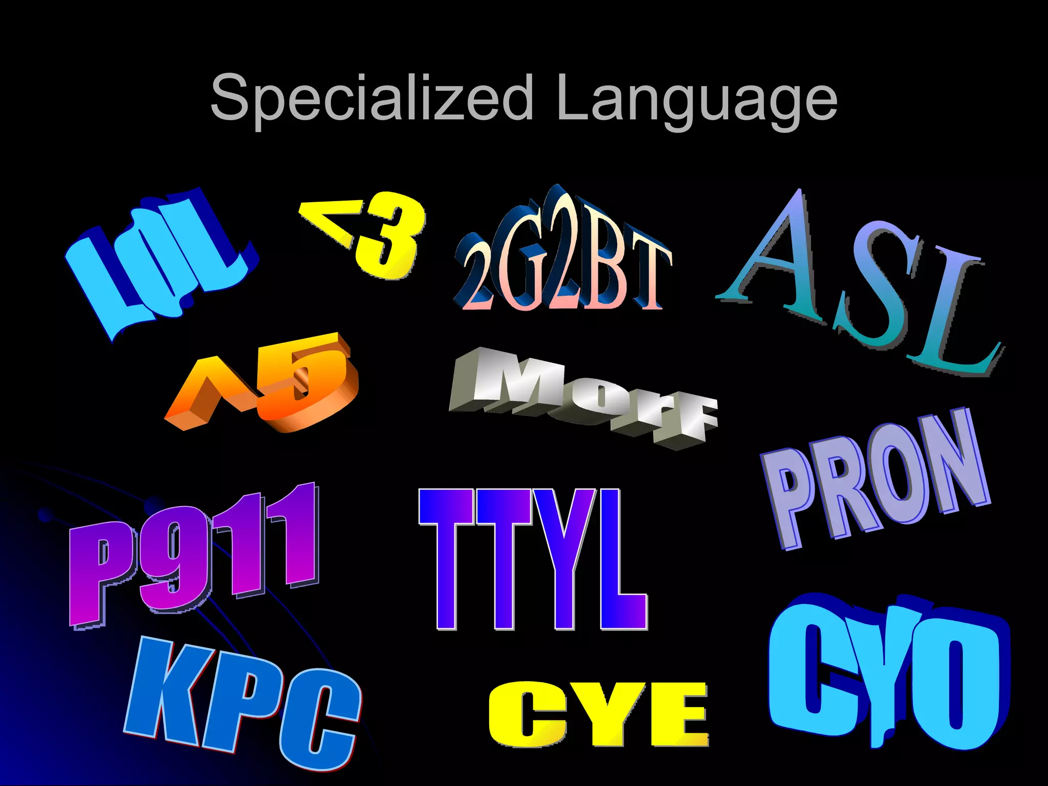 Specialized Language LOL <3 ^5 P911 2G2BT MorF ASL PRON CYO TTYL KPC CYE 