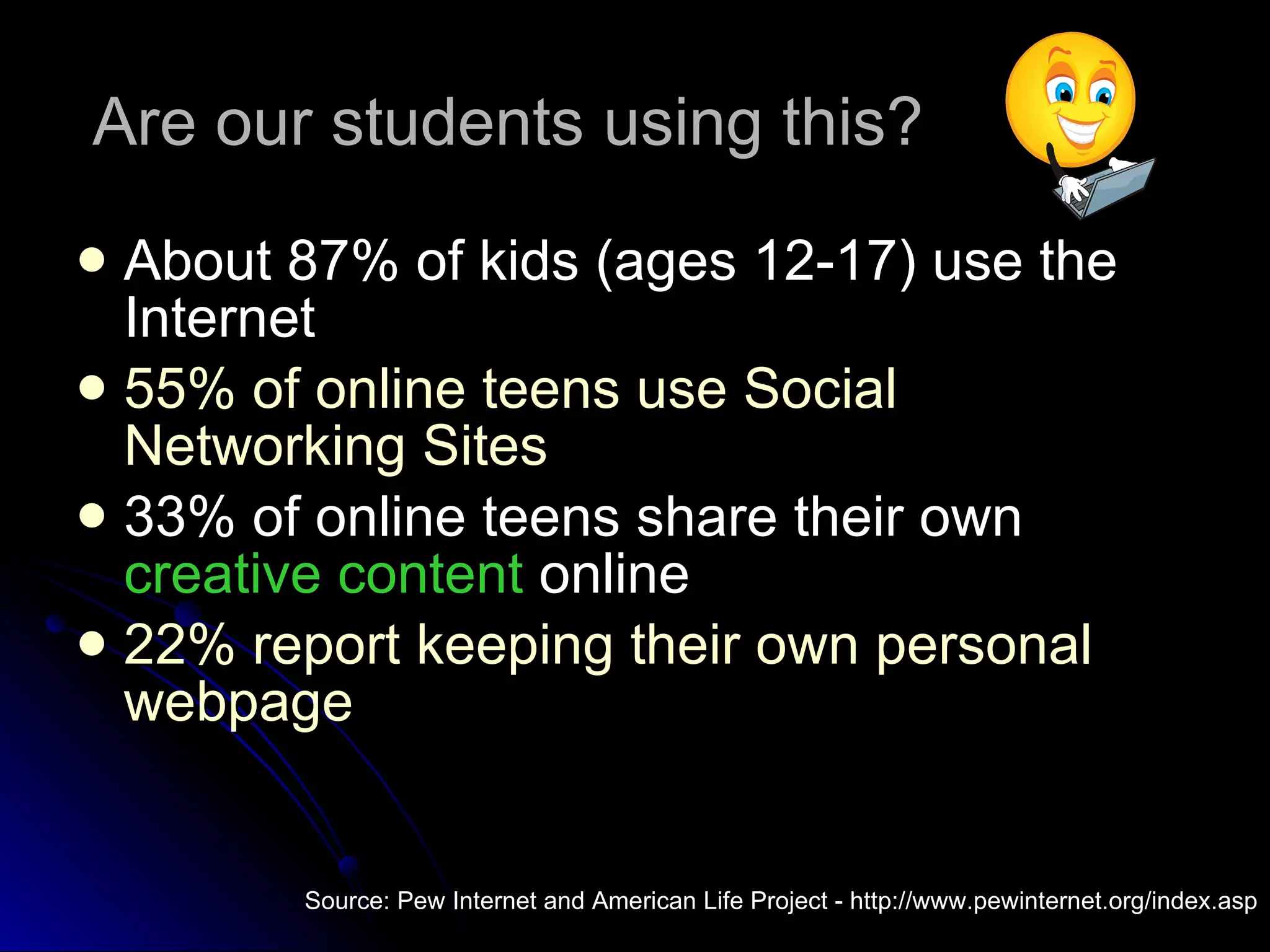 Are our students using this? About 87% of kids (ages 12-17) use the Internet 55% of online teens use Social Networking Sites   33% of online teens share their own  creative content  online 22% report keeping their own personal webpage   Source: Pew Internet and American Life Project - http://www.pewinternet.org/index.asp 