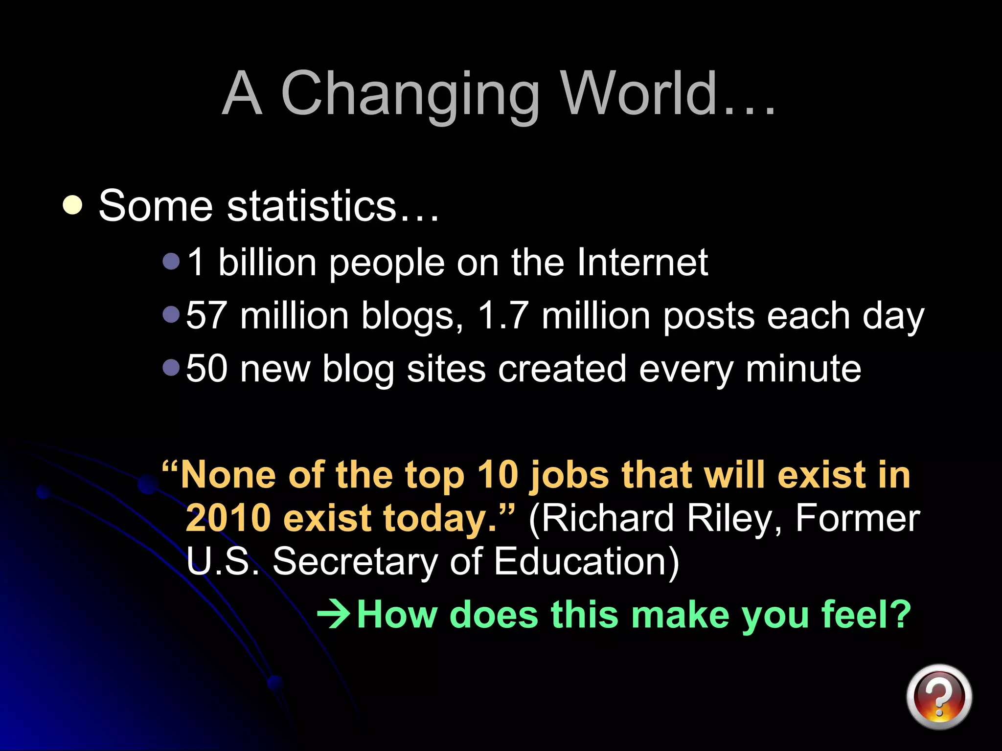 A Changing World… Some statistics… 1 billion people on the Internet 57 million blogs, 1.7 million posts each day 50 new blog sites created every minute “ None of the top 10 jobs that will exist in 2010 exist today.”  (Richard Riley, Former U.S. Secretary of Education)    How does this make you feel? 