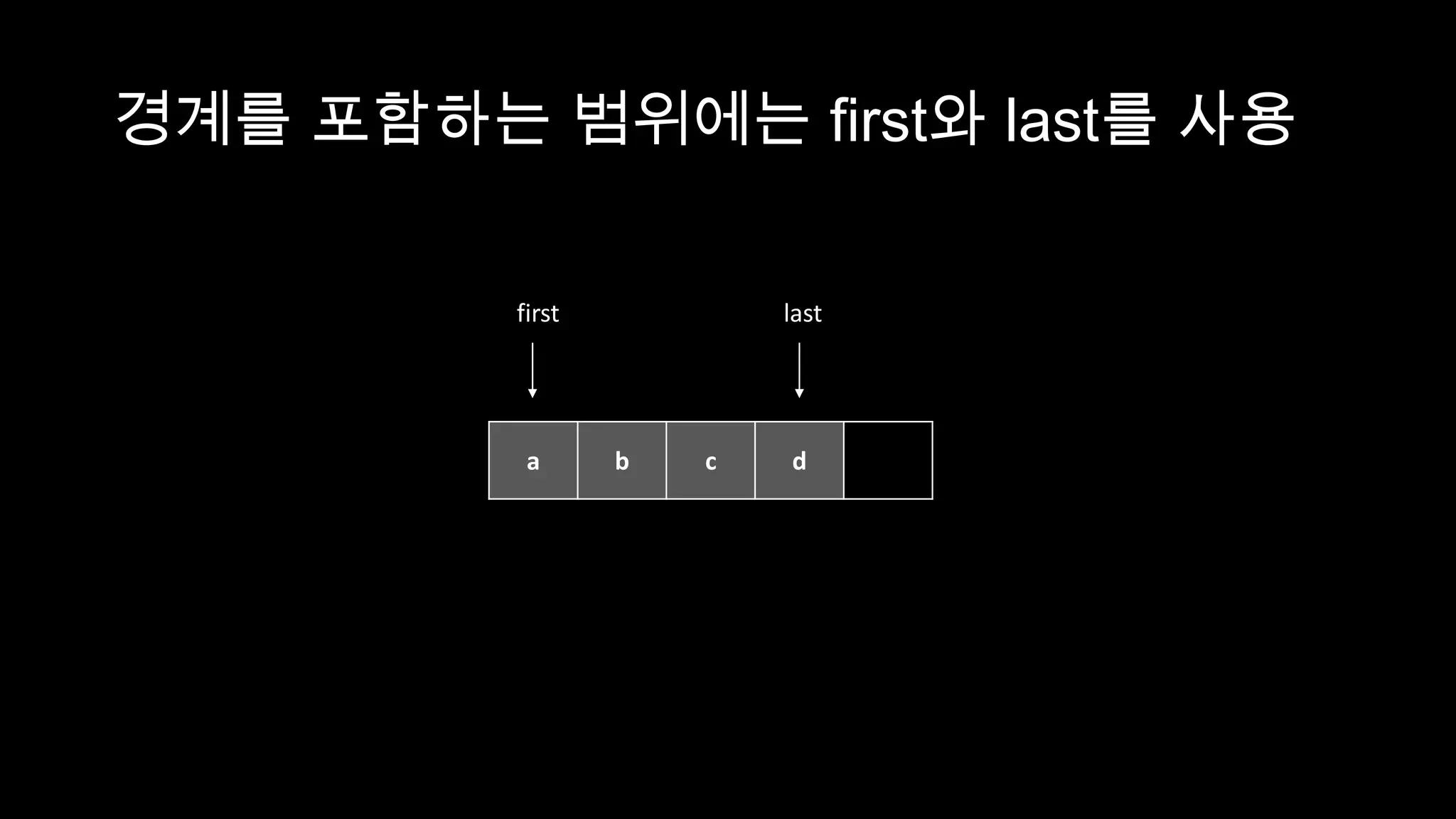 경계를 포함하는 범위에는 first와 last를 사용

         first           last




          a      b   c   d
 