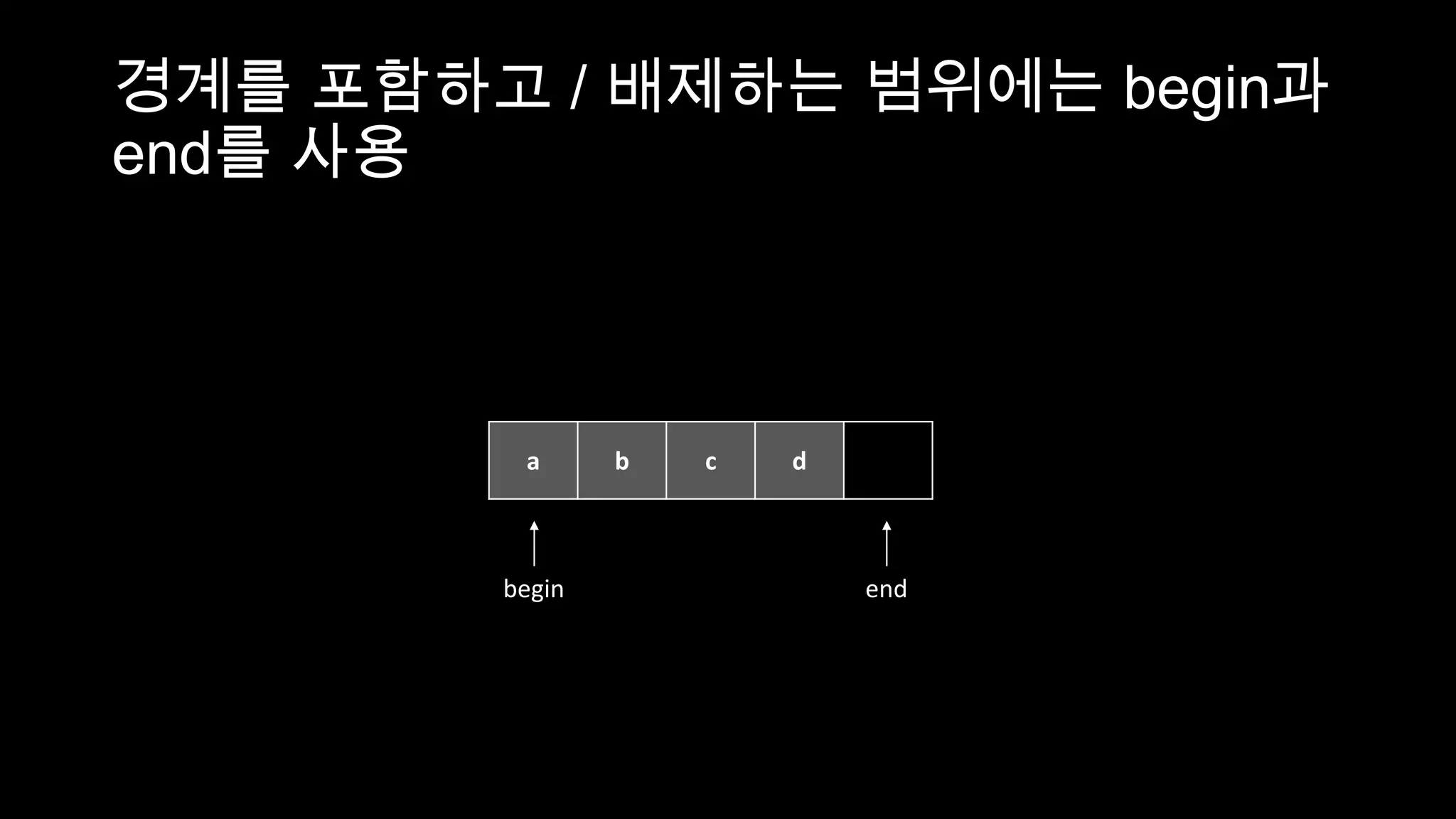 경계를 포함하고 / 배제하는 범위에는 begin과
end를 사용



         a      b   c   d



        begin               end
 