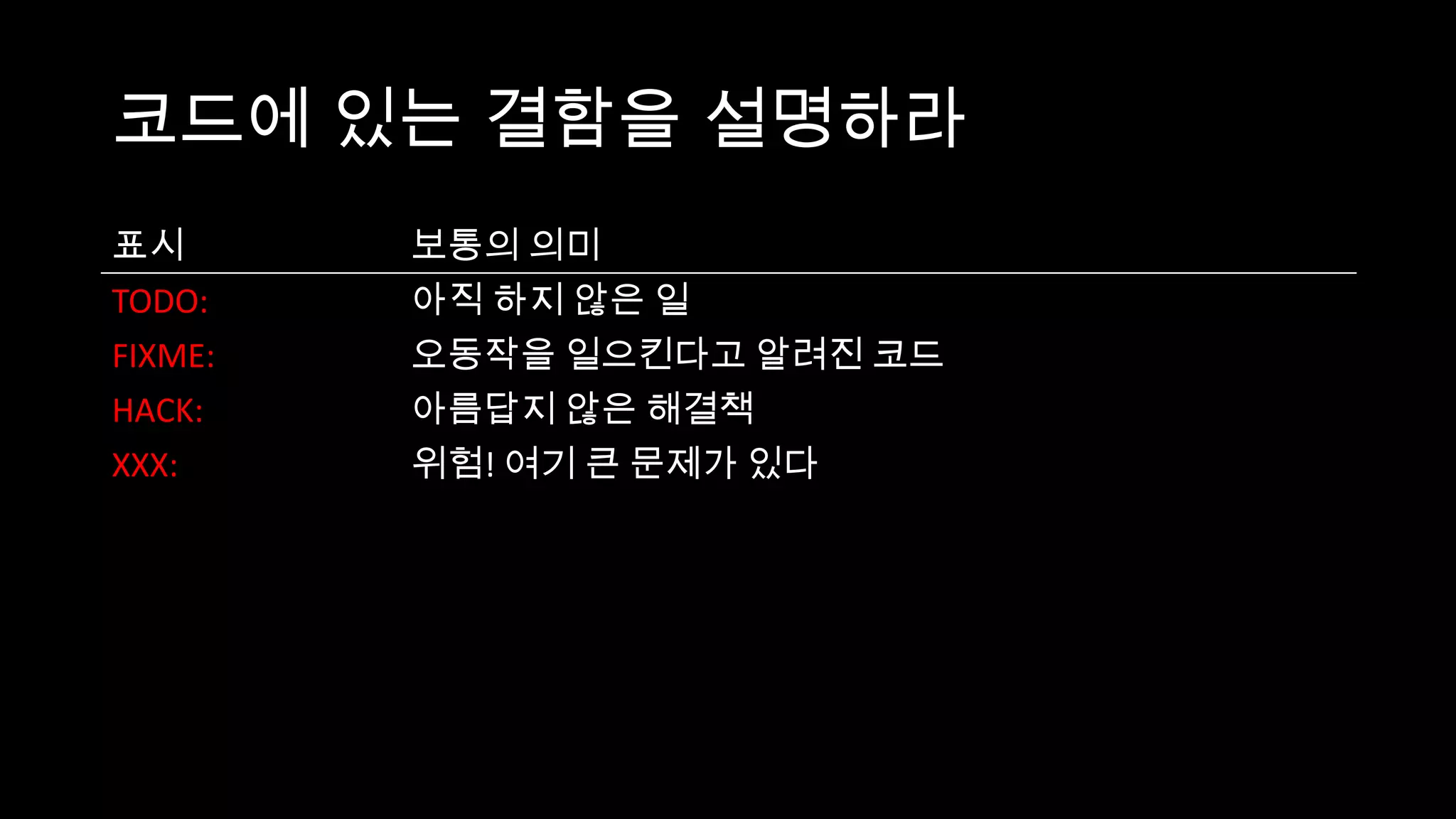 코드에 있는 결함을 설명하라
표시       보통의 의미
TODO:    아직 하지 않은 일
FIXME:   오동작을 일으킨다고 알려진 코드
HACK:    아름답지 않은 해결책
XXX:     위험! 여기 큰 문제가 있다
 