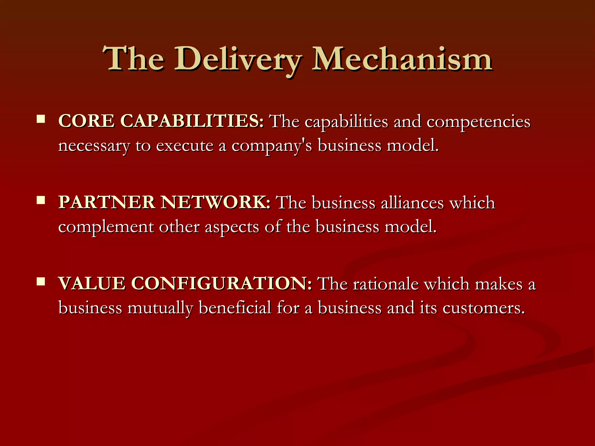 The Target Market TARGET CUSTOMER:  The target audience for a business' products and services.  DISTRIBUTION CHANNEL:  The means by which a company delivers products and services to customers. This includes the company's marketing and distribution strategy.  CUSTOMER RELATIONSHIP:  The links a company establishes between itself and its different customer segments. The process of managing customer relationships is referred to as CRM (Customer Relationship Management).  