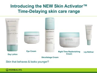 Introducing the NEW Skin Activator™
       Time-Delaying skin care range




                Eye Cream                   Night Time Replenishing   Lip Refiner
 Day Lotion                                          Cream
                            Décolletage Cream

Skin that behaves & looks younger?
 