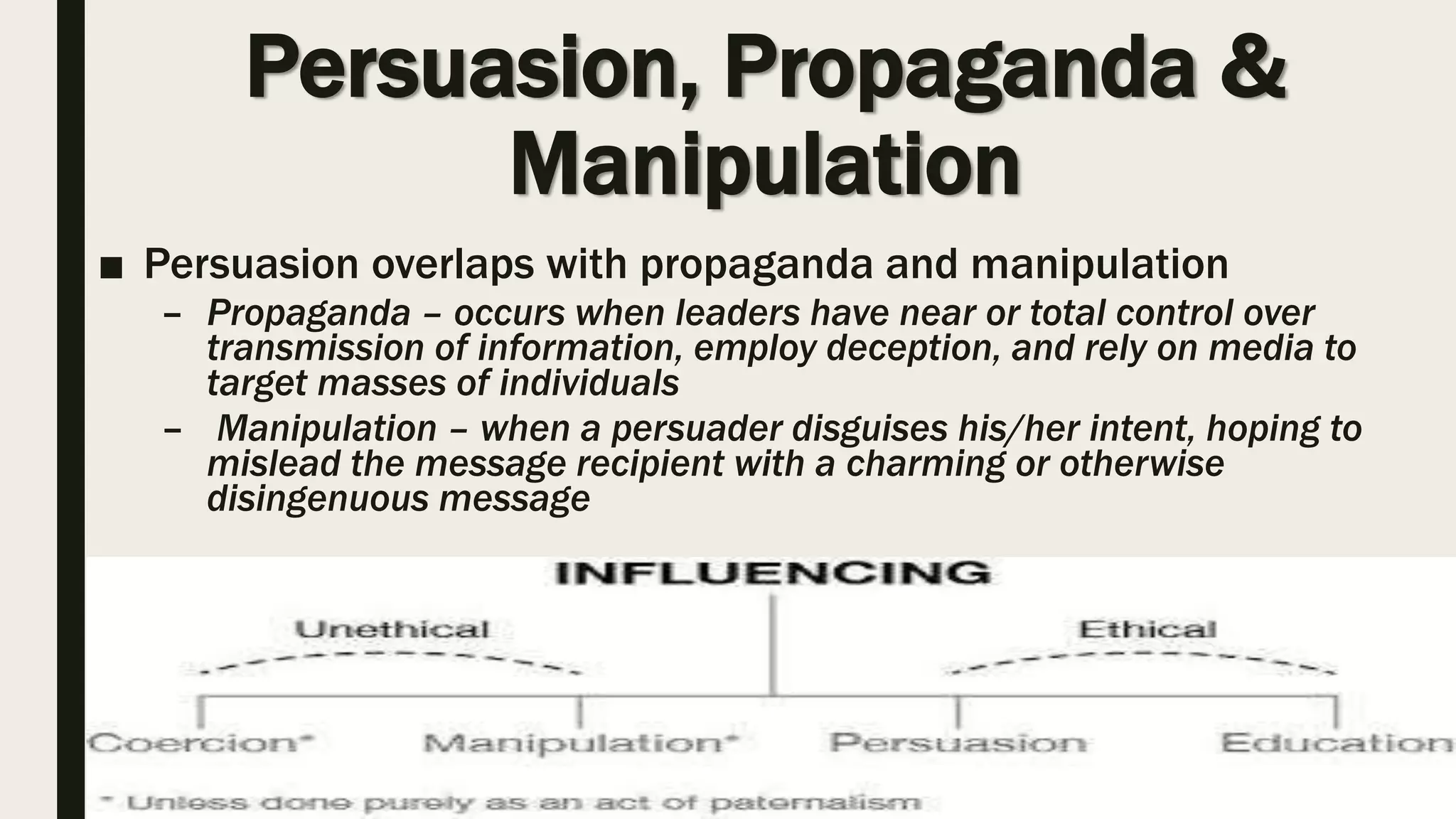 Persuasion, Propaganda &
Manipulation
■ Persuasion overlaps with propaganda and manipulation
– Propaganda – occurs when leaders have near or total control over
transmission of information, employ deception, and rely on media to
target masses of individuals
– Manipulation – when a persuader disguises his/her intent, hoping to
mislead the message recipient with a charming or otherwise
disingenuous message
 