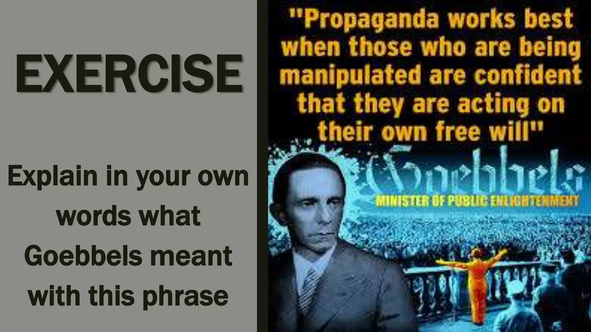EXERCISE
Explain in your own
words what
Goebbels meant
with this phrase
 