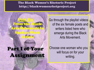 The Black Women’s Rhetoric Project
    http://blackwomenrhetproject.org



    Unit Six          Go through the playlist videos
  From the Black        of the six female poets and
 Arts Movement to          writers listed here who
   Spoken Word            emerge during the Black
      Artists                  Arts Movement.


Part I of Your        Choose one woman who you
                          will focus on for your
Assignment                        writing.
 