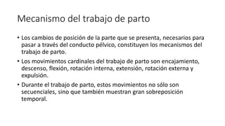 Mecanismo del trabajo de parto
• Los cambios de posición de la parte que se presenta, necesarios para
pasar a través del conducto pélvico, constituyen los mecanismos del
trabajo de parto.
• Los movimientos cardinales del trabajo de parto son encajamiento,
descenso, flexión, rotación interna, extensión, rotación externa y
expulsión.
• Durante el trabajo de parto, estos movimientos no sólo son
secuenciales, sino que también muestran gran sobreposición
temporal.
 
