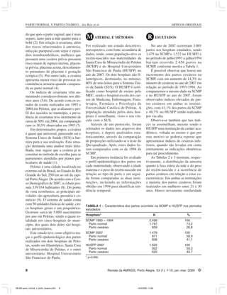 PARTO NORMAL X PARTO CESÁREO... dos Reis et al. ARTIGOS ORIGINAIS
8 Revista da AMRIGS, Porto Alegre, 53 (1): 7-10, jan.-mar. 2009
do que após o parto vaginal, que é mais
seguro, tanto para a mãe quanto para o
bebê (2). Em relação à cesariana, além
dos riscos relacionados à anestesia,
infecção puerperal com sepse e episó-
dios tromboembólicos, mulheres que
possuem uma cesárea prévia possuem
risco maior de ruptura uterina, placen-
ta prévia, placenta acreta, descolamen-
to prematuro de placenta e gestação
ectópica (3). Por outro lado, a cesárea
apresenta menor risco de provocar in-
continência urinária quando compara-
da ao parto normal (4).
Os índices de cesariana vêm au-
mentando consideravelmente nos últi-
mos anos (5,6). De acordo com os es-
tudos de coorte realizados em 1993 e
2004 em Pelotas, que avaliaram o per-
fil dos nascidos no município, a preva-
lência de cesarianas teve incremento de
cerca de 50% em 2004, em comparação
com os 30,5% observados em 1993 (7).
Em determinados grupos, a cesárea
é quase que universal, parecendo ser o
Sistema Único de Saúde (SUS) a bar-
reira para a sua realização. Esta situa-
ção demanda uma análise mais deta-
lhada, mas sugere que a cesárea já se
constitui no método de escolha para as
parturientes atendidas por planos par-
ticulares de saúde (1).
Pelotas é uma cidade localizada no
extremo sul do Brasil, no Estado do Rio
Grande do Sul, 250 km ao sul da capi-
tal PortoAlegre. De acordo com o Cen-
so Demográfico de 2007, a cidade pos-
suía 339.934 habitantes (8). Do ponto
de vista econômico, as principais ati-
vidades são agricultura, pecuária e co-
mércio (9). O sistema de saúde conta
com 50 unidades básicas de saúde, cin-
co hospitais gerais e um psiquiátrico.
Ocorrem cerca de 5.000 nascimentos
por ano em Pelotas, sendo a quase to-
talidade nos cinco hospitais do muni-
cípio, dos quais dois deles são hospi-
tais universitários.
Este estudo teve como objetivo tra-
çar o perfil epidemiológico dos partos
realizados em dois hospitais de Pelo-
tas, sendo um filantrópico, Santa Casa
de Misericórdia de Pelotas, e o outro
universitário, Hospital Universitário
São Francisco de Paula.
M ATERIAL E MÉTODOS
Foi realizado um estudo descritivo,
retrospectivo, com fonte secundária de
dados, tendo como população-alvo os
recém-nascidos nas maternidades da
Santa Casa de Misericórdia de Pelotas
(SCMP) e do Hospital Universitário
São Francisco de Paula (HUSFP) no
ano de 2007. Os dois hospitais são fi-
lantrópicos, destinando, no mínimo,
60% de seus leitos para o Sistema Úni-
co de Saúde (SUS). O HUSFP é certi-
ficado como hospital de ensino pelo
MEC, sendo o hospital-escola dos cur-
sos de Medicina, Enfermagem, Fisio-
terapia, Farmácia e Psicologia da
Universidade Católica de Pelotas. A
população atendida pelos dois hos-
pitais é semelhante, visto o seu vín-
culo com o SUS.
Através de um protocolo, foram
coletados os dados nos arquivos dos
hospitais, e depois analisados esta-
tisticamente, através da comparação
de proporções utilizando-se o teste do
Qui-quadrado. Após, estes dados fo-
ram comparados com os de 1994 da
SCMP.
Em primeira instância foi avaliado
o perfil epidemiológico dos partos em
cada maternidade, observando a idade
materna e o peso do recém-nascido em
relação ao tipo de parto e em segui-
da foram comparadas as duas insti-
tuições, incluindo as informações
obtidas em 1994 para identificar ten-
dência temporal.
TABELA 1 – Característica dos partos ocorridos na SCMP e HUSFP nos períodos
estudados
Hospitais* N %
SCMP 1993 – 1994 2.456 100
Parto normal 1.797 73,2
Parto cesáreo 659 26,8
SCMP 2007 1.479 100
Parto normal 871 58,9
Parto cesáreo 608 41,1
HUSFP 2007 1.522 100
Parto normal 902 59,3
Parto cesáreo 620 40,7
* p<0,000.
R ESULTADOS
No ano de 2007 ocorreram 3.001
partos nos hospitais estudados, sendo
1.479 na SCMP e 1.522 no HUSFP, e
no período de julho/1993 a julho/1994
haviam ocorrido 2.456 partos na
SCMP, conforme mostra a Tabela 1.
É possível observar que houve um
incremento dos partos cesáreos na
SCMP, com um aumento de 14,3% no
número de cesáreas no ano de 2007 em
relação ao período de 1993-1994. Ao
compararmos o mesmo dado na SCMP
e no HUSFP no ano de 2007, foram
observados índices elevados de par-
tos cesáreos em ambas as institui-
ções, com 41,1% dos partos da SCMP
e 40,7% no HUSFP sendo realizados
por via alta.
Observa-se também que tais índi-
ces se assemelham, mesmo sendo o
HUSFP uma instituição de caráter aca-
dêmico, voltada ao ensino e que por
este motivo se poderia esperar que
apresentasse índices de cesáreas infe-
riores, quando são levadas em conta
estritamente as indicações obstétricas
para tal procedimento.
As Tabelas 2 e 3 mostram, respec-
tivamente, a distribuição da amostra
quanto à faxa etária da mãe e do peso
do recém-nascido e a ocorrência de
partos cesáreos em relação a estas ca-
racterísticas. Em ambas as instituições
a maioria dos partos cesáreos foram
realizados em mulheres entre 21 e 30
anos. Houve novamente similaridade
08-262-parto_normal_x_parto_cesario.pmd 14/4/2009, 13:268
 